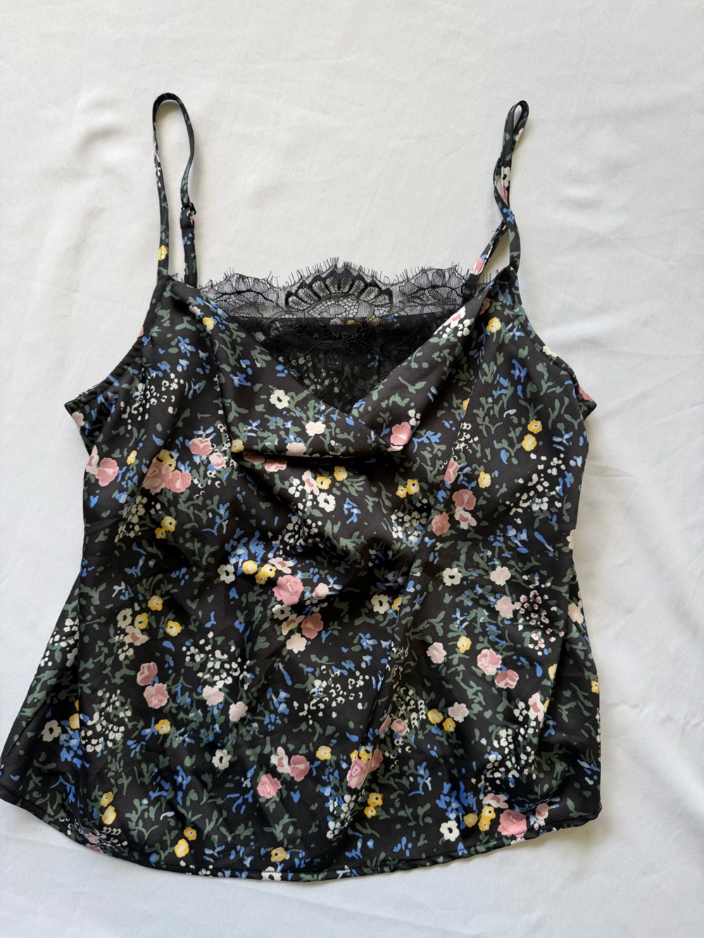 Laundry By Shelli Segal Black Floral Satin Slip Cami with Lace Trim. Size L